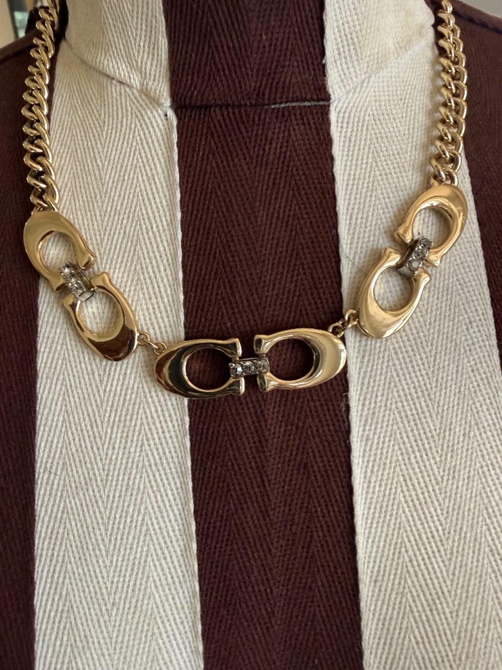 Coach Chunky C Reversible Chain Link Necklace Gold Tone Crystal Accents